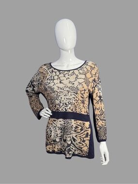 Zozo Patterned Beige and Black Knit Tunic Sweater